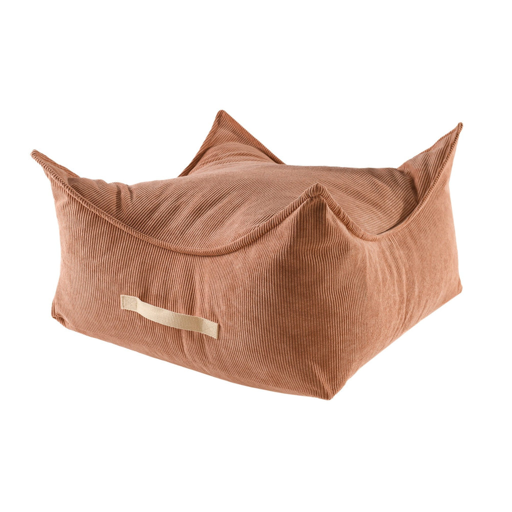 1. Square brick-colored corduroy pouf for children with pointed corners and a handle, shown in a studio setting