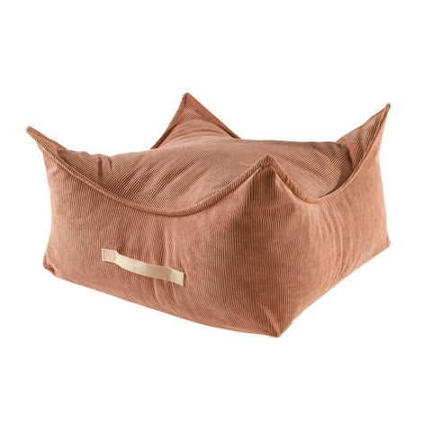 1. Square brick-colored corduroy pouf for children with pointed corners and a handle, shown in a studio setting