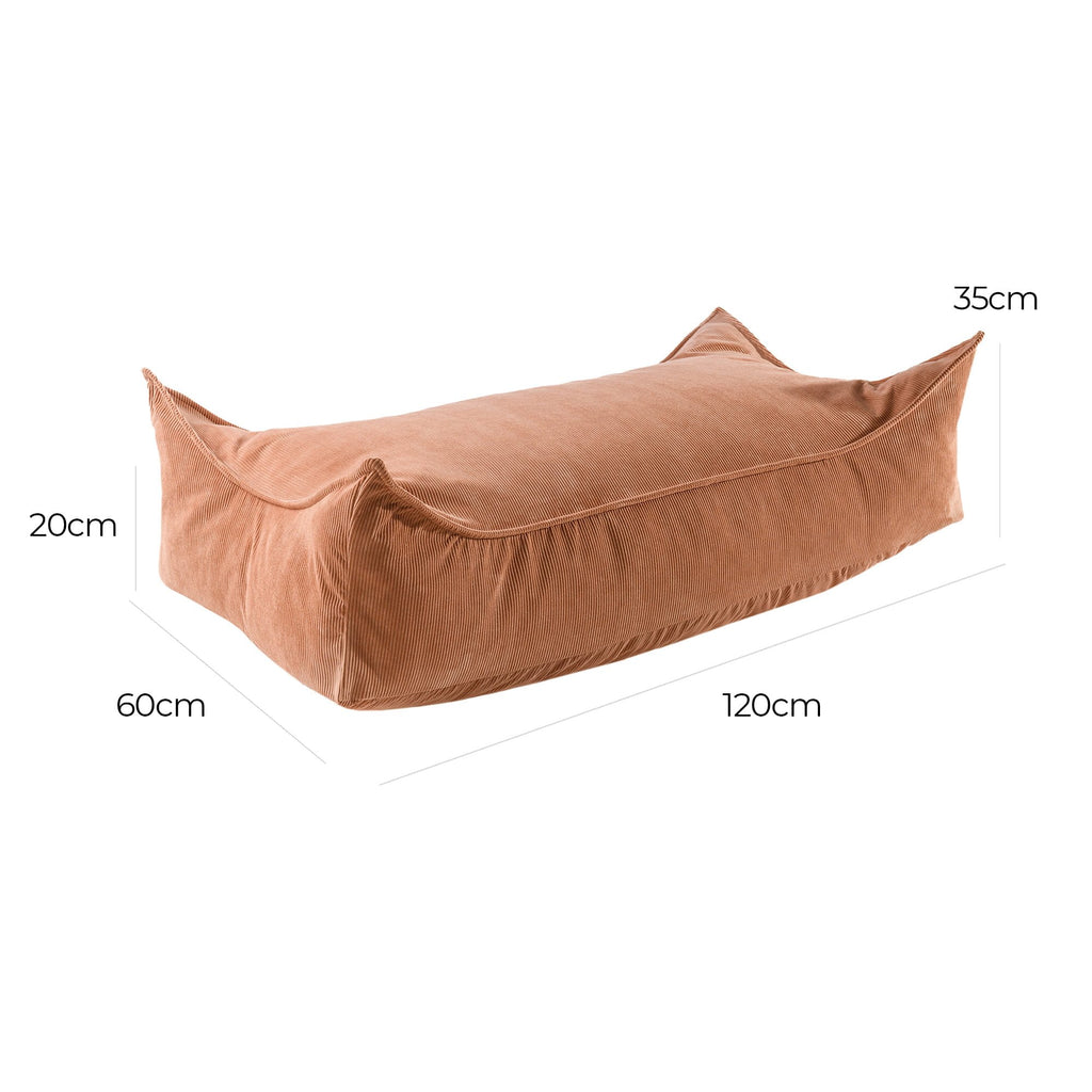 2. Size chart for MeowBaby children's rectangular pouffe in brick corduroy, showing dimensions 120 cm by 60 cm by 35 cm