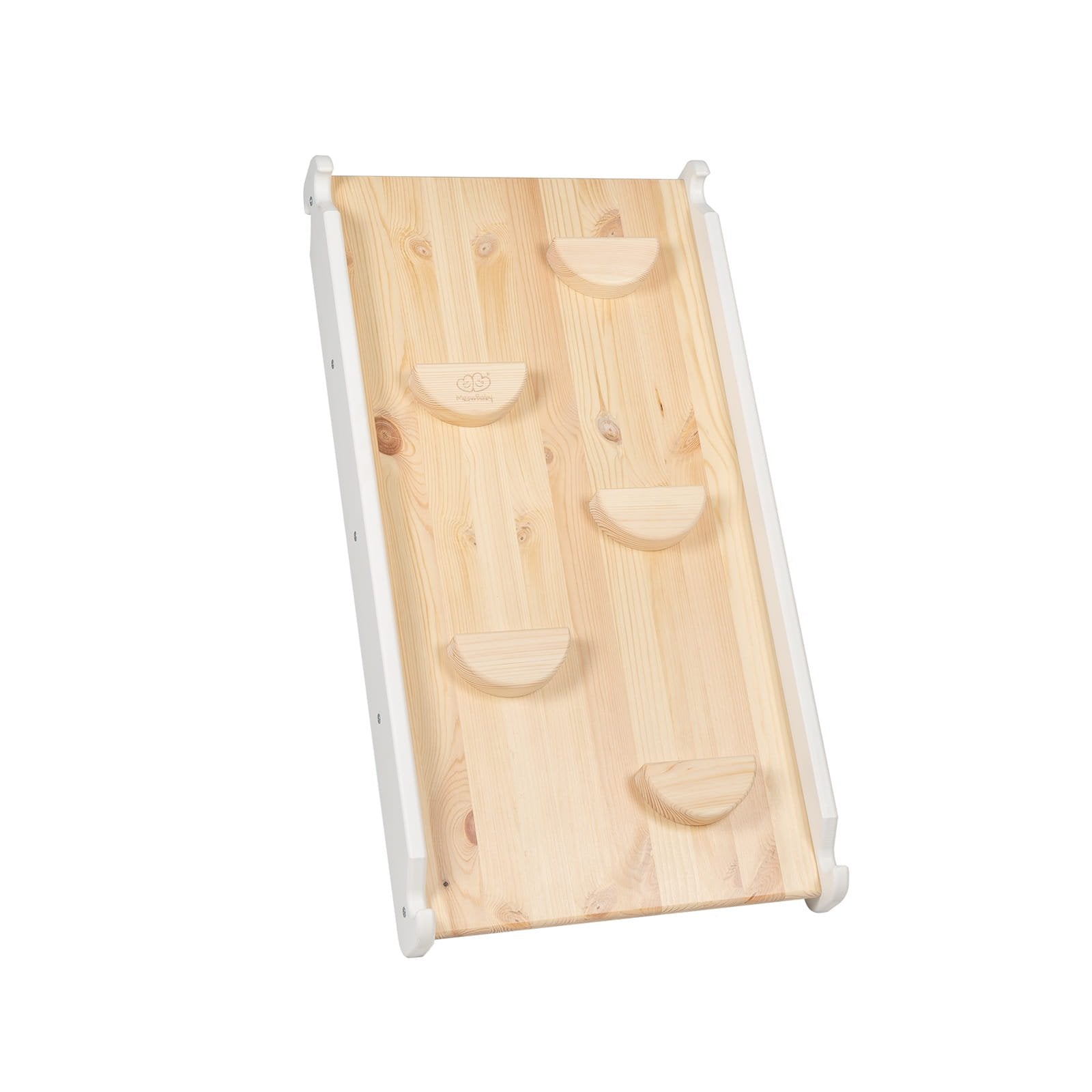 2. Studio shot of wooden climbing wall with natural finish, part of ladder set