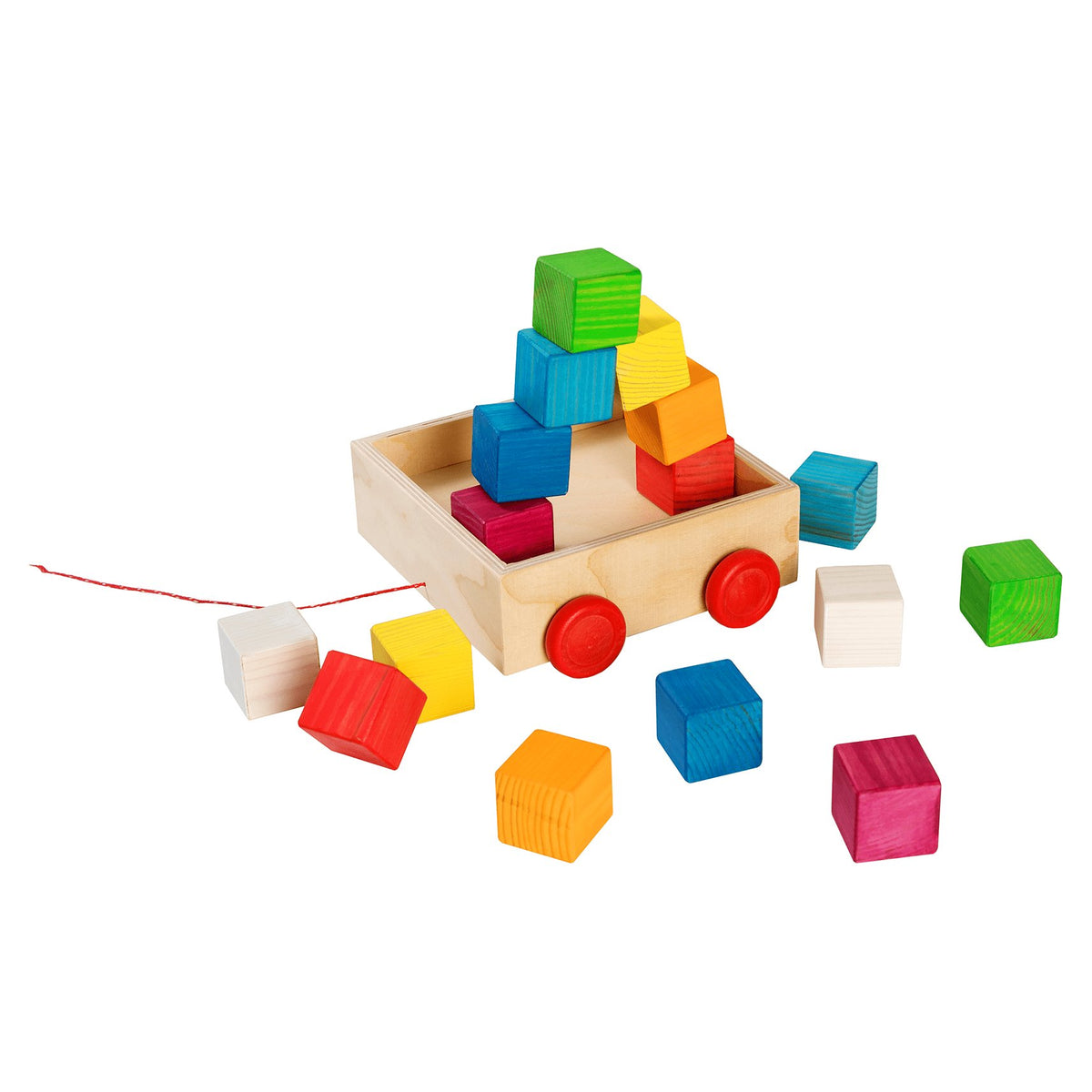2. Wooden cart with colorful blocks scattered around and stacked, highlighting ROOSI Traditional Toys' vibrant pinewood construction