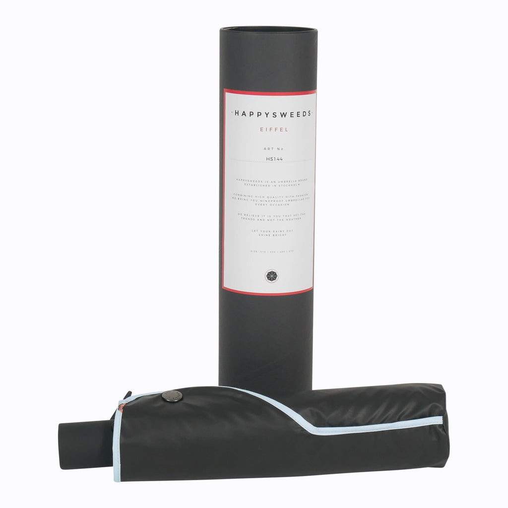 6. Eiffel Umbrella in black cover with branded packaging tube, highlighting compact design