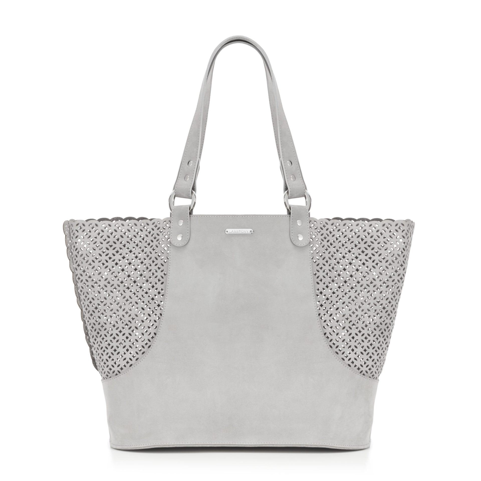 2. Light grey Nubuck Elva dog carrier bag by Labbvenn with perforated design, shown in studio setting