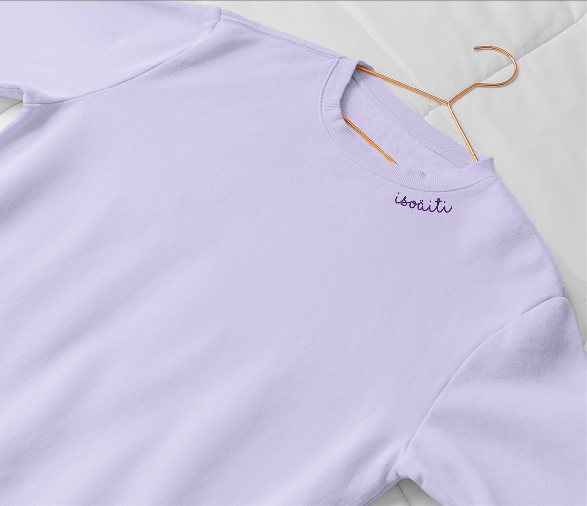 1. Unisex lilac embroidered organic cotton sweatshirt by Beebila, shown on hanger