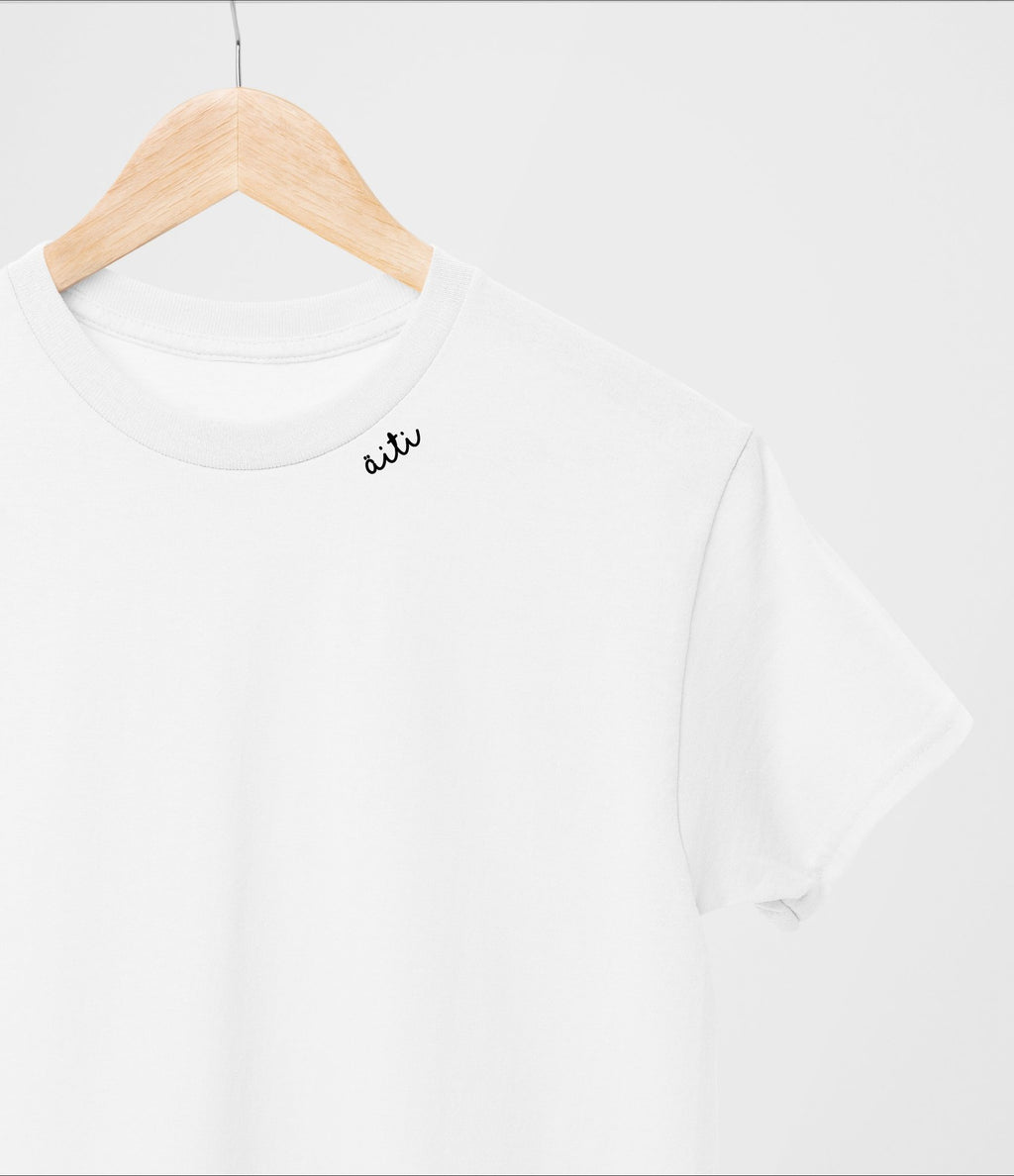 2. White Beebila embroidered collar organic cotton t-shirt on hanger, highlighting unisex style