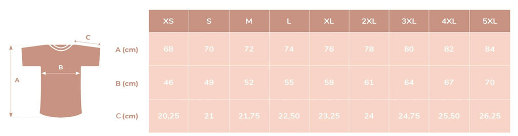 4. Size chart for Beebila unisex t-shirt, showing measurements in cm for sizes XS to 5XL