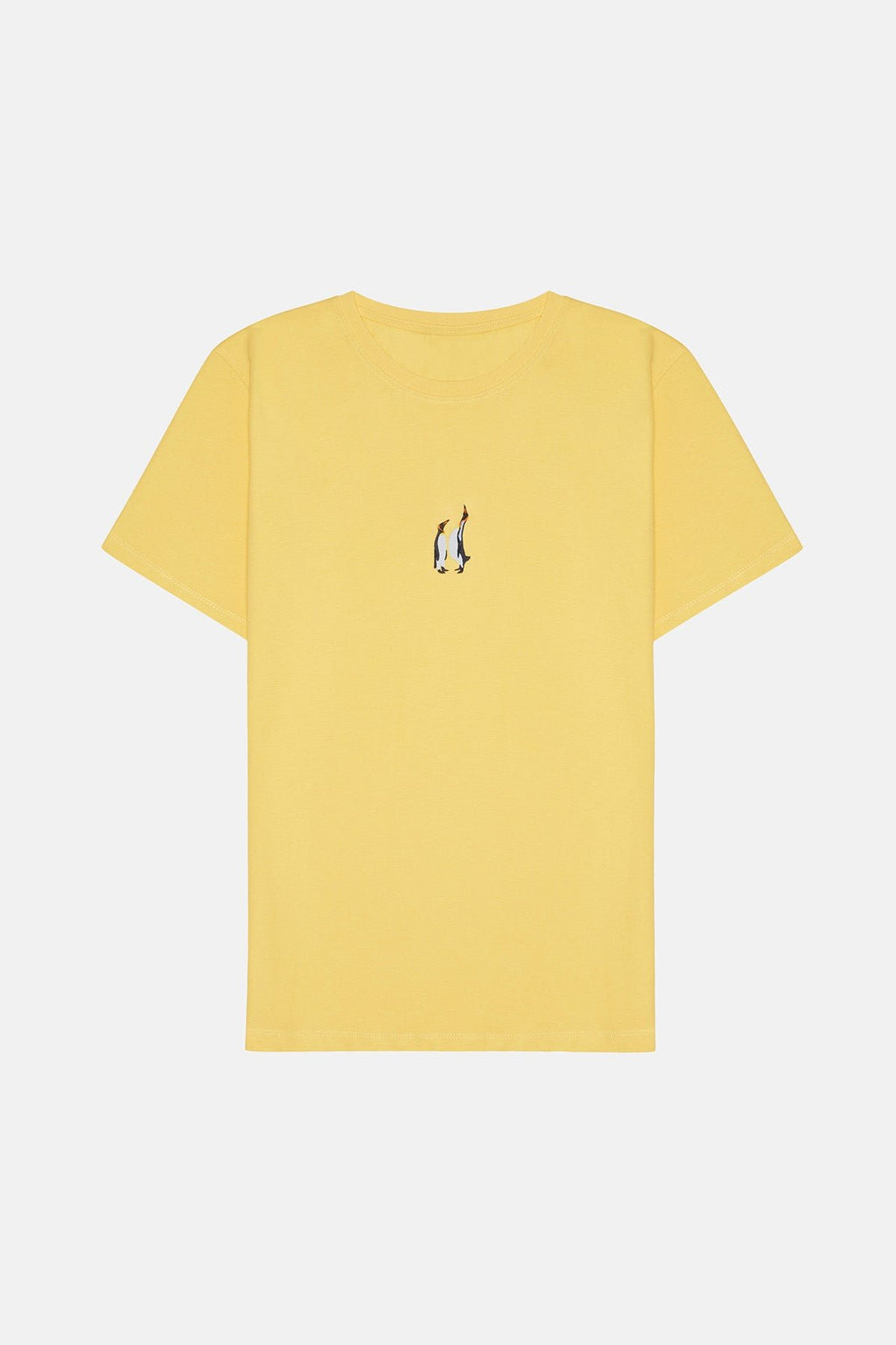 8. Flat lay of unisex yellow Emperor Penguin T-shirt by Sossu, showing front and back design