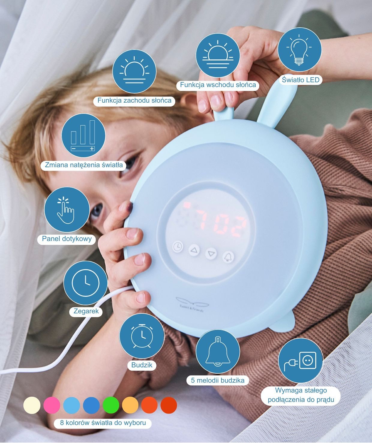 3. Child with blue Rabbit & Friends alarm lamp, showing features like LED light and touch panel, lying on bed