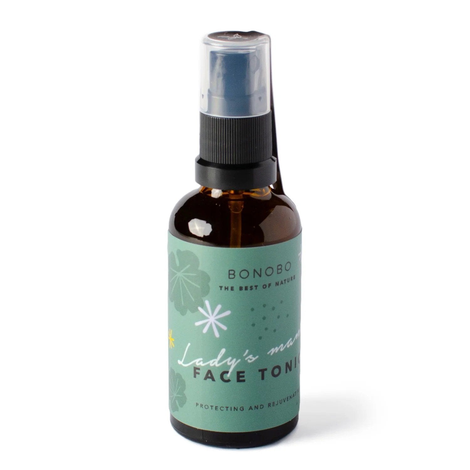 2. Bonobo Lady's Mantle Face Tonic in brown bottle with green label featuring floral design, shown in studio setting