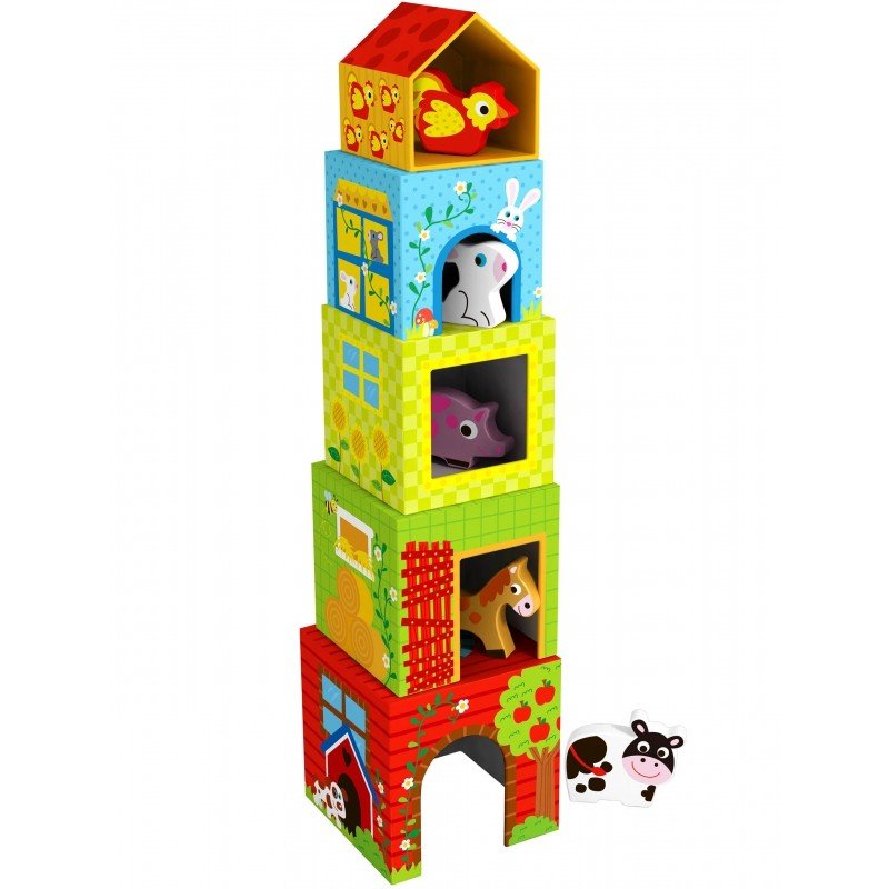 14. Stacked colorful cubes with animal illustrations and wooden figurines