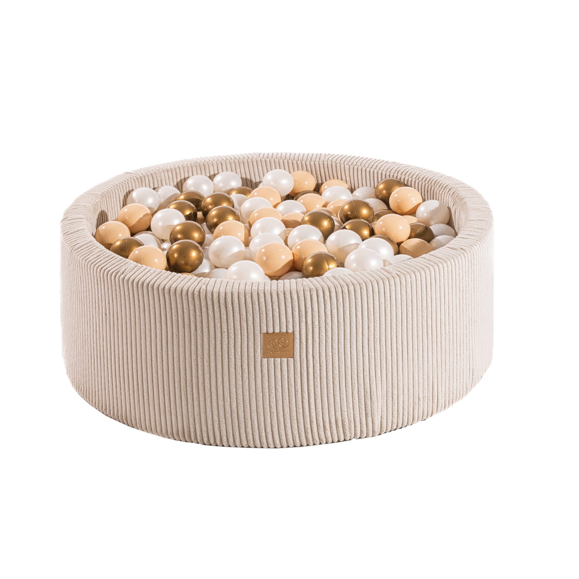 1. MeowBaby round ball pit in velvet ecru filled with gold, white, and beige balls, designed for children's sensory play, shown in a studio setting.