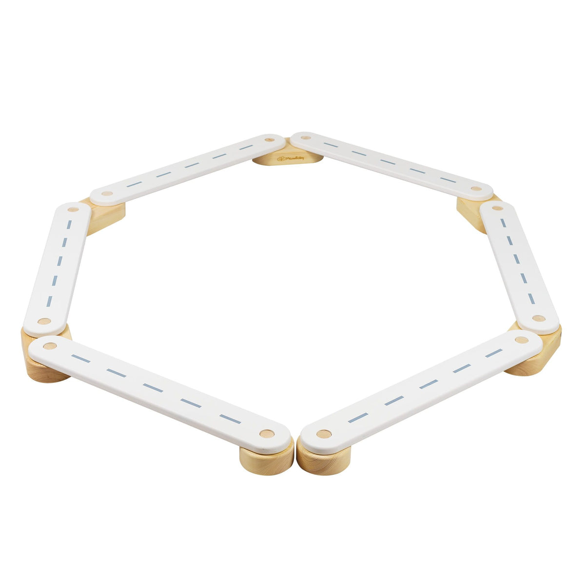 9. Wooden balance beam with white road design arranged in a hexagon