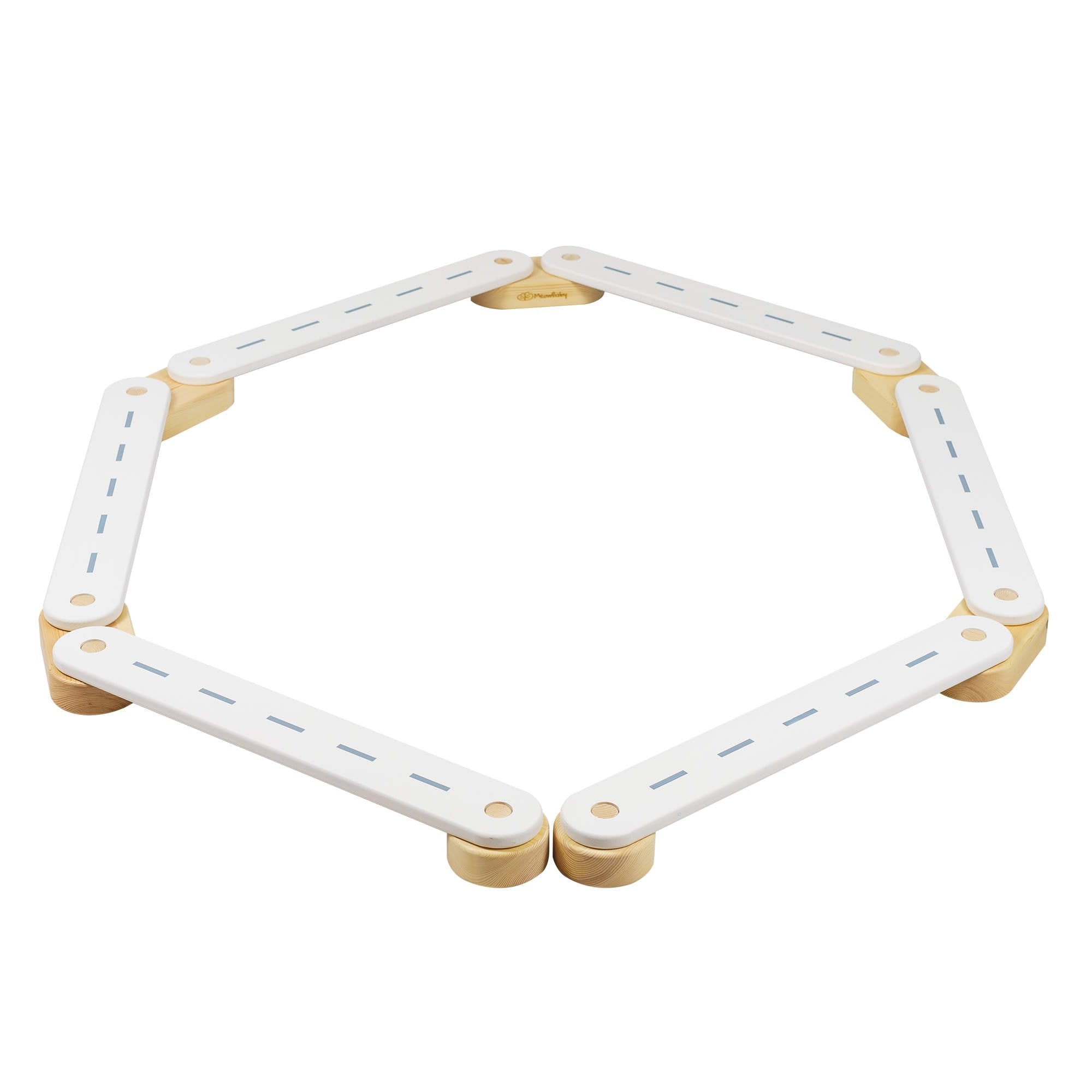 9. Wooden balance beam with white road design arranged in a hexagon