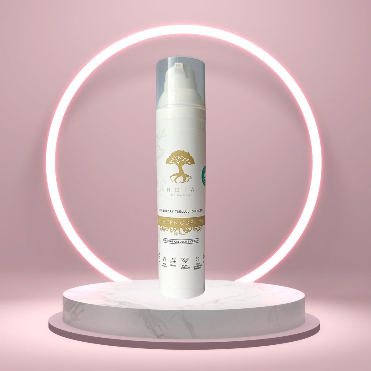 1. HOIA homespa Firming Cellulite Cream Supermodel 2.0 bottle on marble pedestal with pink neon circle background