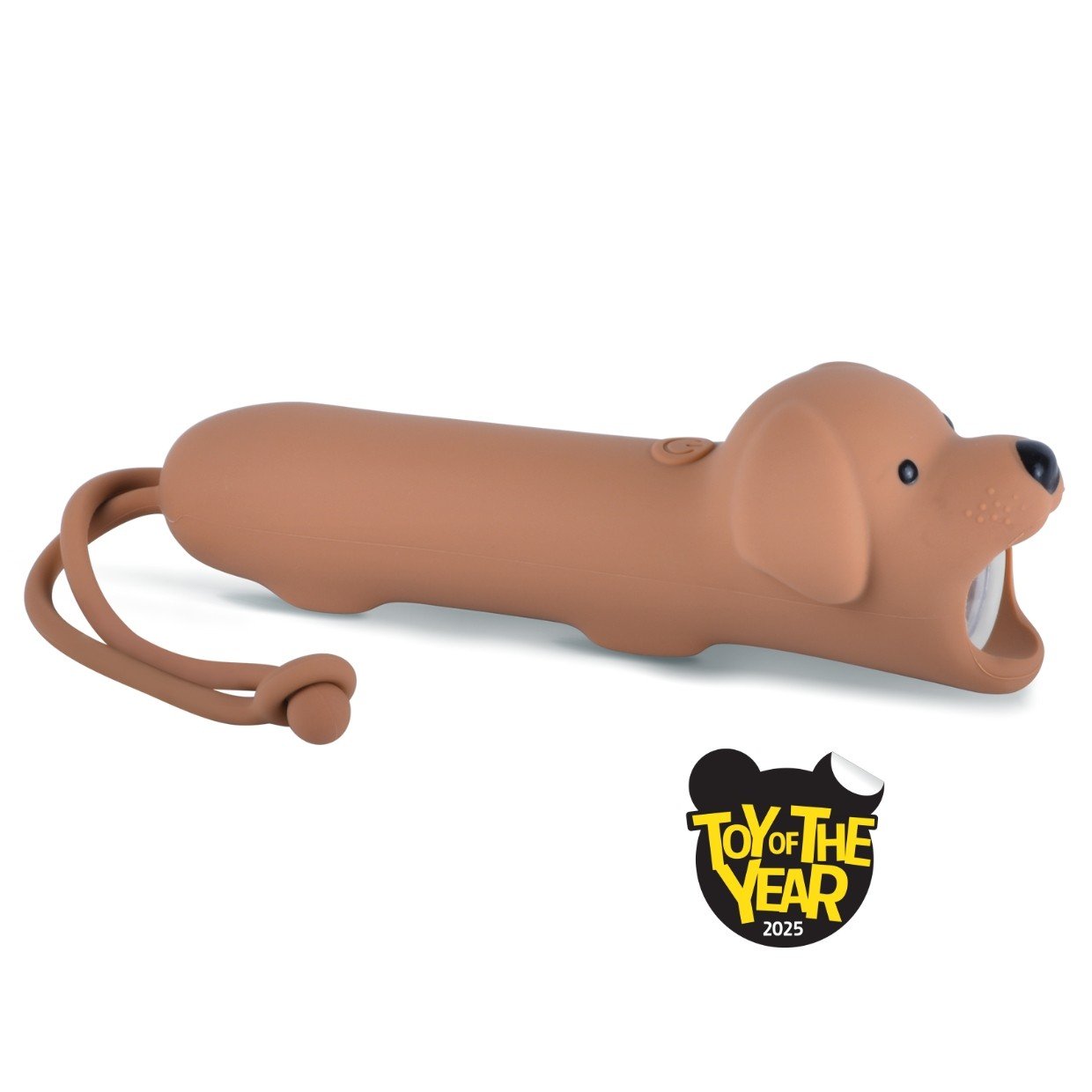 1. Brown dog-shaped silicone flashlight with Toy of the Year 2025 award logo, featuring a convenient hanger and USB-C charging, ideal for kids' adventures.