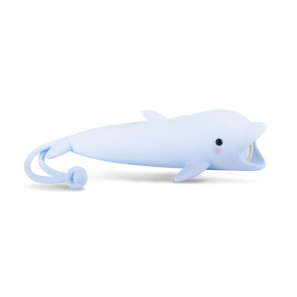 2. Dolphin-shaped kids' flashlight in soft blue silicone with a curled tail, shown on a white background