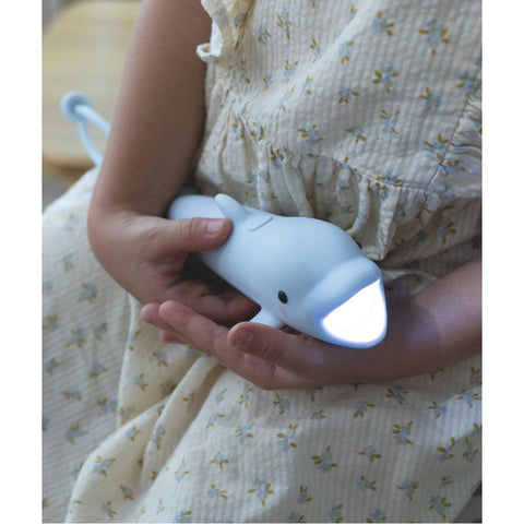 1. Child sitting with a blue dolphin-shaped flashlight in hands, light turned on, wearing a floral dress