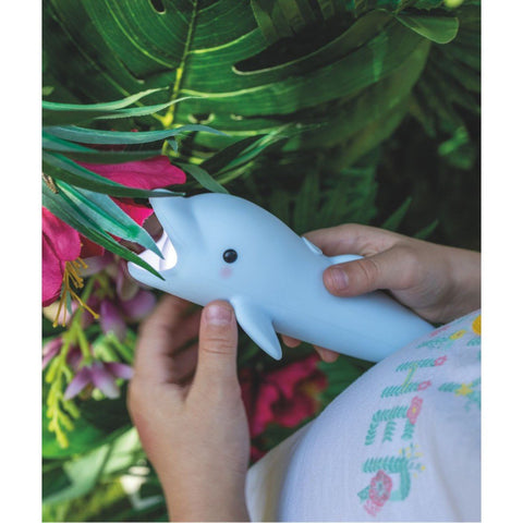 1. Child holding a blue dolphin-shaped flashlight among green leaves and pink flowers outdoors