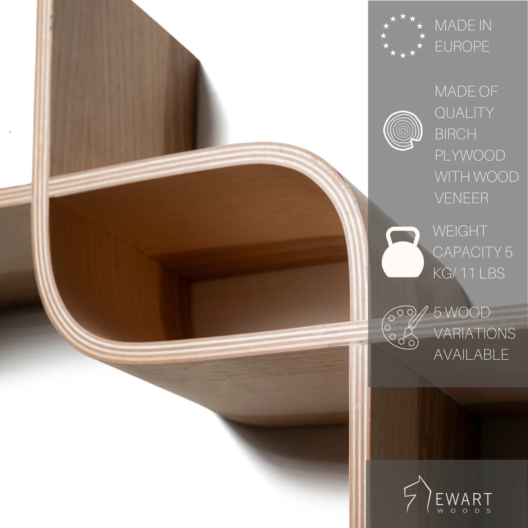 10. Close-up of wooden shelf corner with text highlighting European craftsmanship and material details