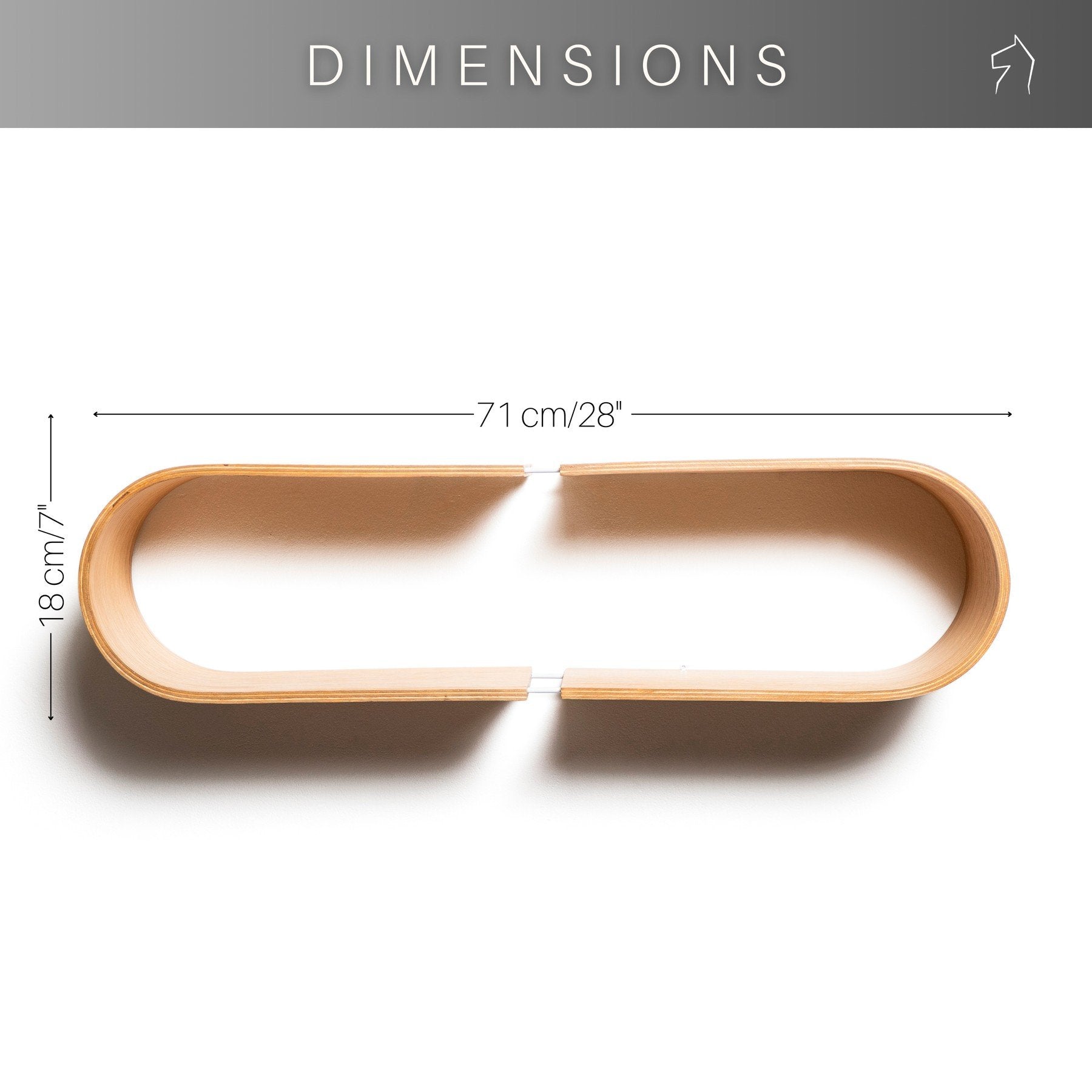 5. Size chart for oval wooden wall shelf showing dimensions 71 cm by 18 cm