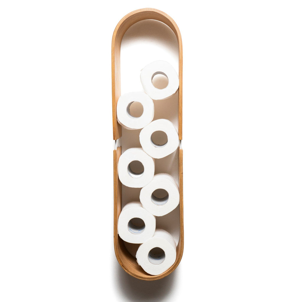 2. Oval wooden wall shelf holding multiple toilet paper rolls, showcasing storage capacity
