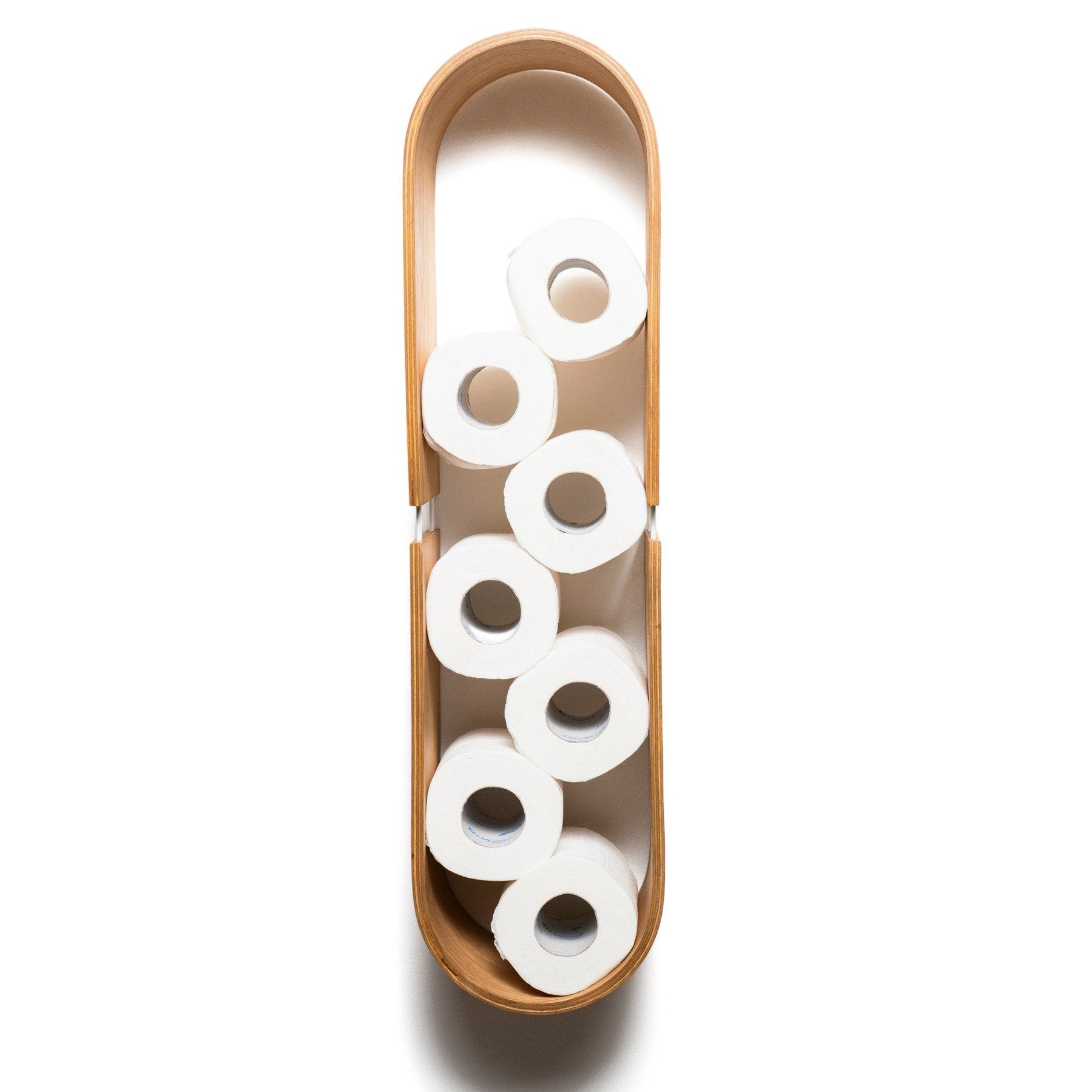 2. Oval wooden wall shelf holding multiple toilet paper rolls, showcasing storage capacity