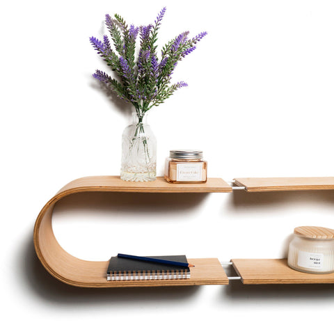 1. Oval wooden wall shelf with lavender and candles, styled for home decor