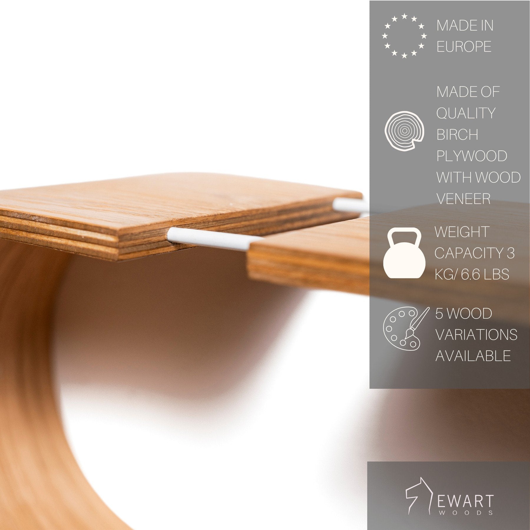 4. Close-up of S-shaped wooden wall shelf highlighting birch plywood construction and weight capacity details