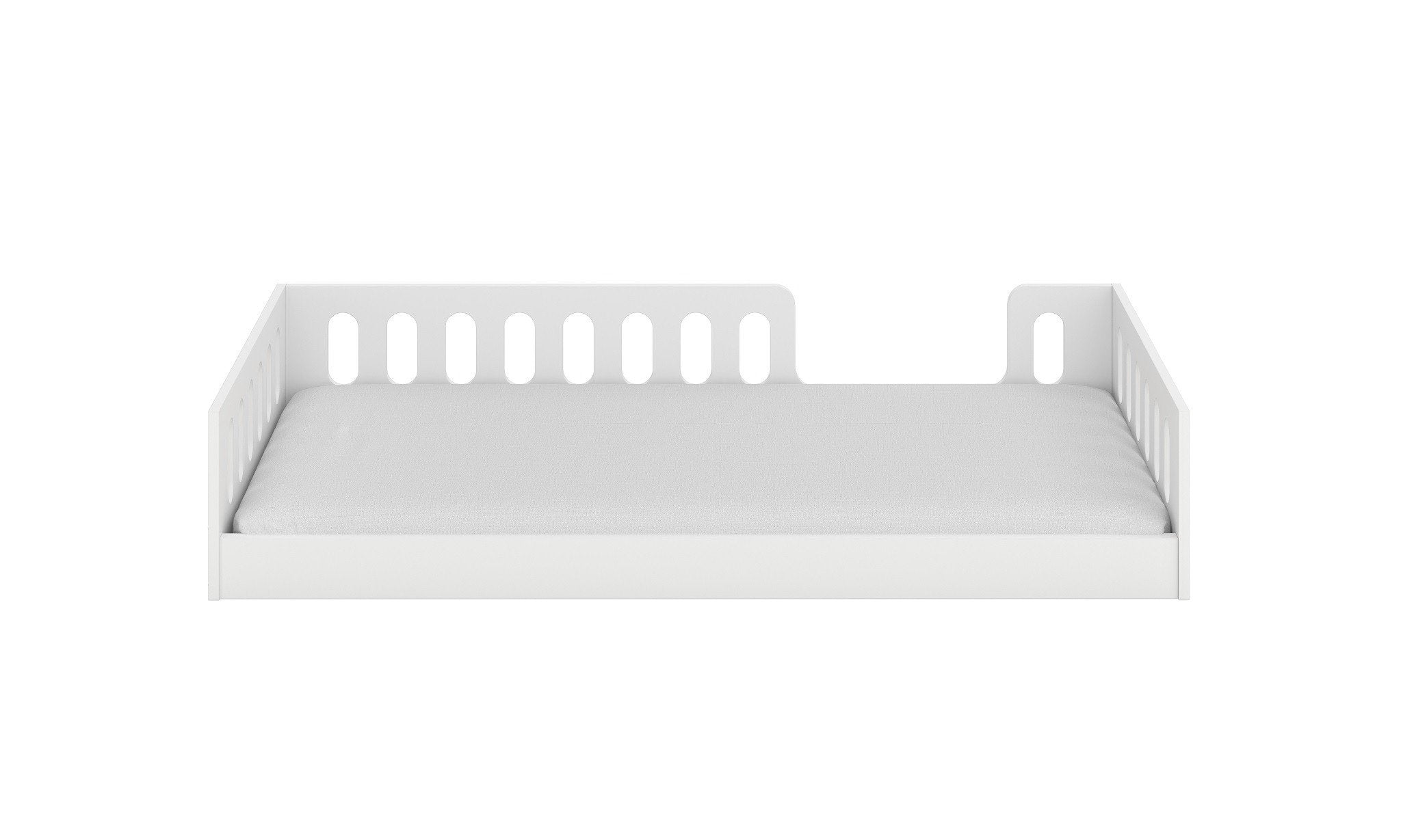 2. Front view of white kids' floor bed with openable side and rounded cut-outs