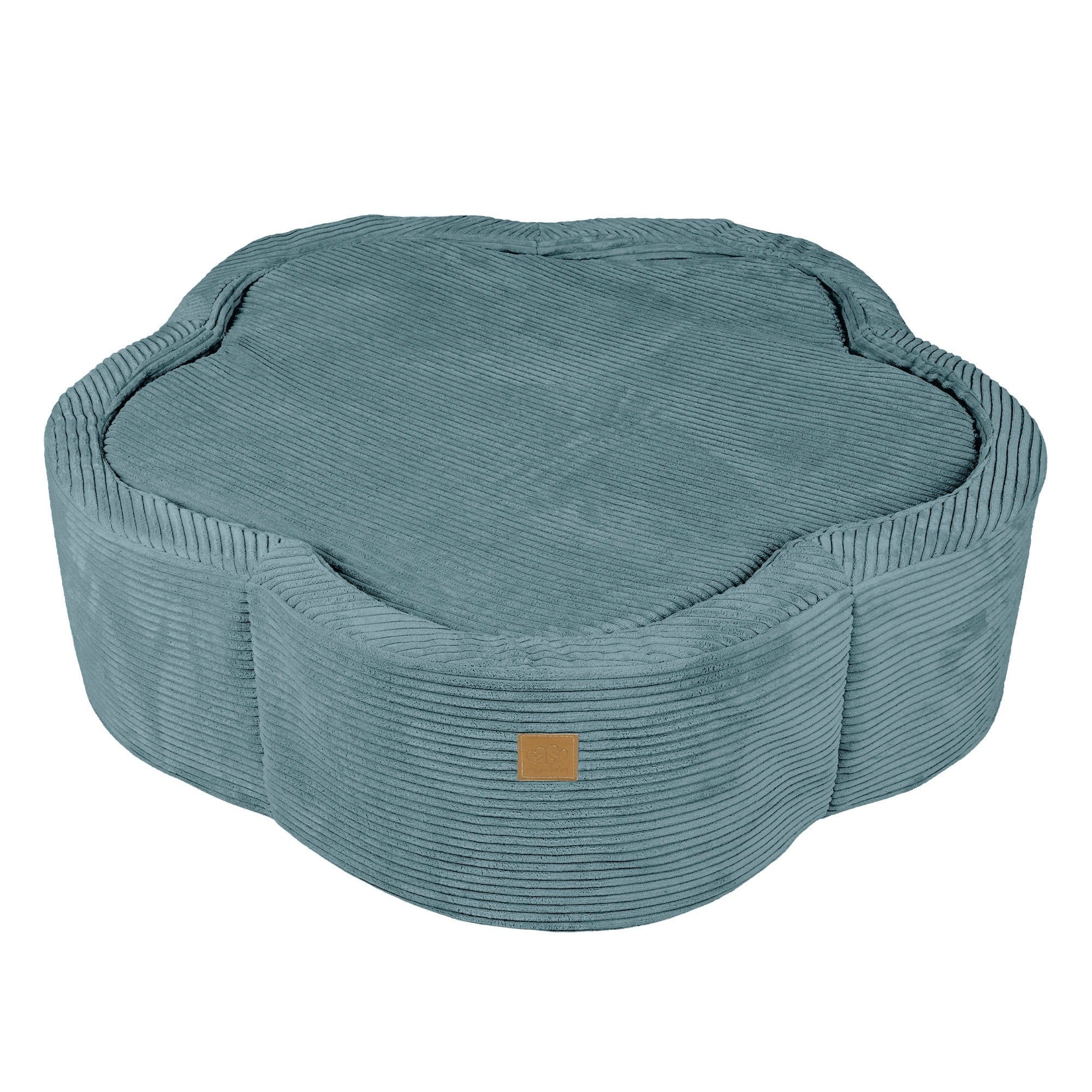 2. Turquoise flower-shaped foam baby ball pit with ribbed texture and MeowBaby logo, shown with cover on, suitable for modern interiors