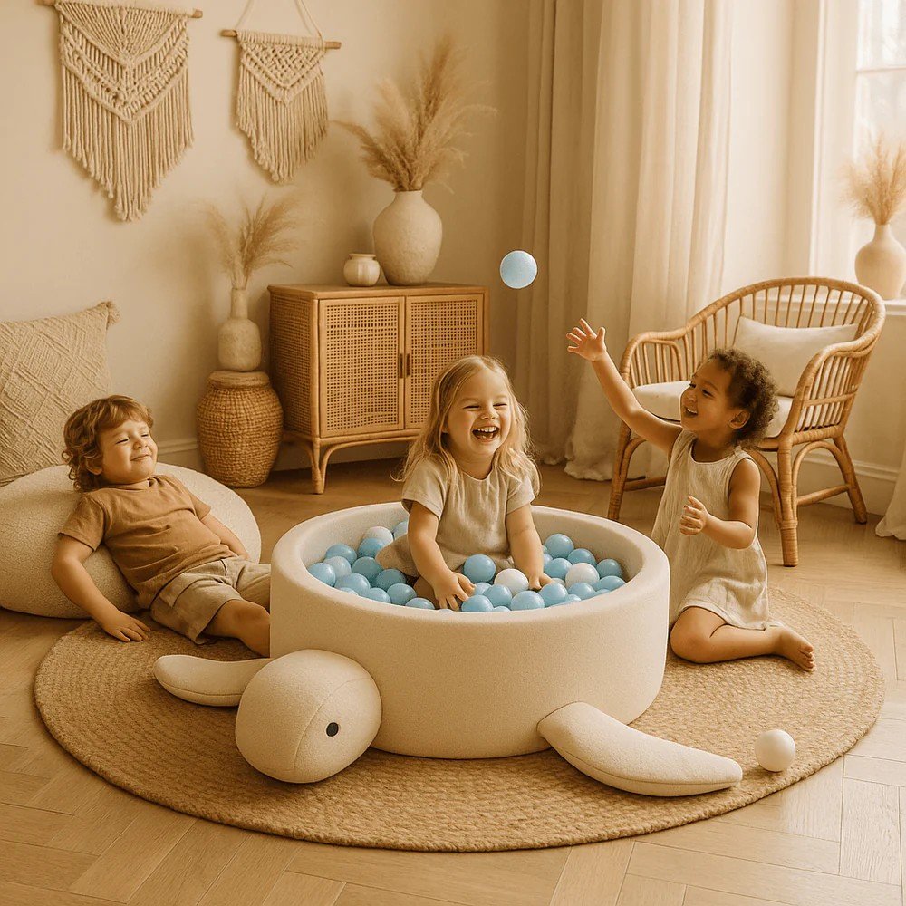 1. Three children playing with turtle-shaped ball pit in cozy living room setting