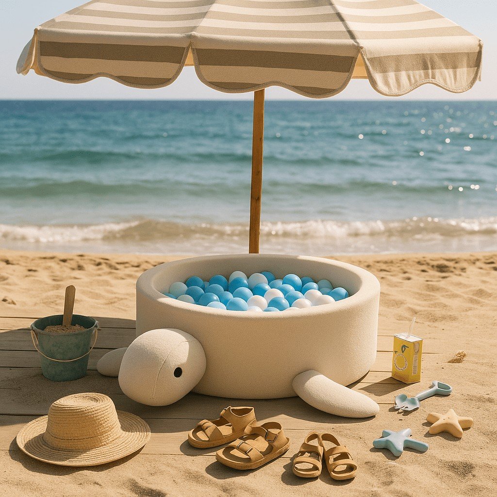 1. Turtle-shaped ball pit on a sandy beach with toys and accessories
