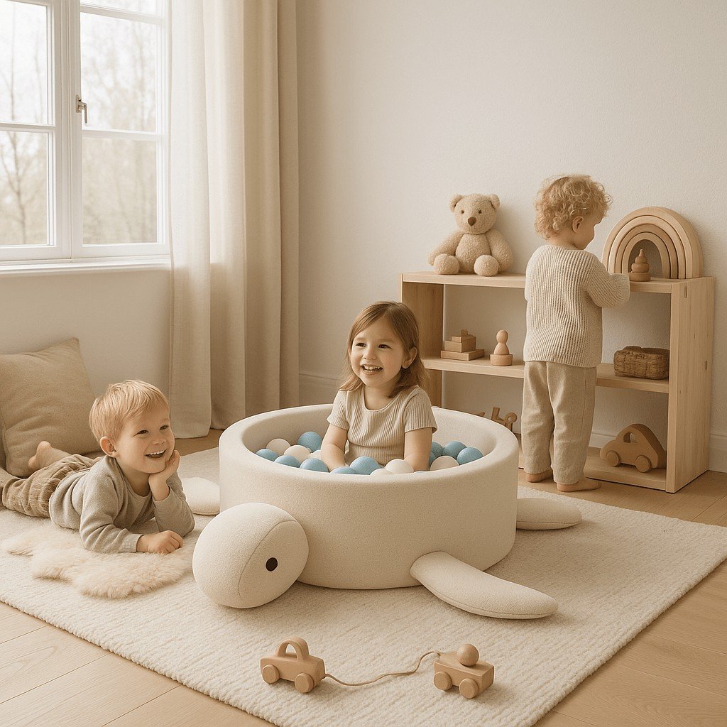 1. Two children playing with turtle-shaped ball pit in a bright playroom