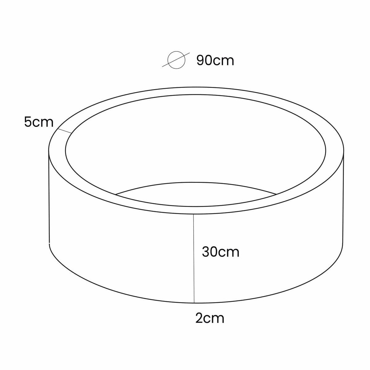 5. Size chart for foam baby ball pit showing dimensions: 90 cm diameter, 30 cm height