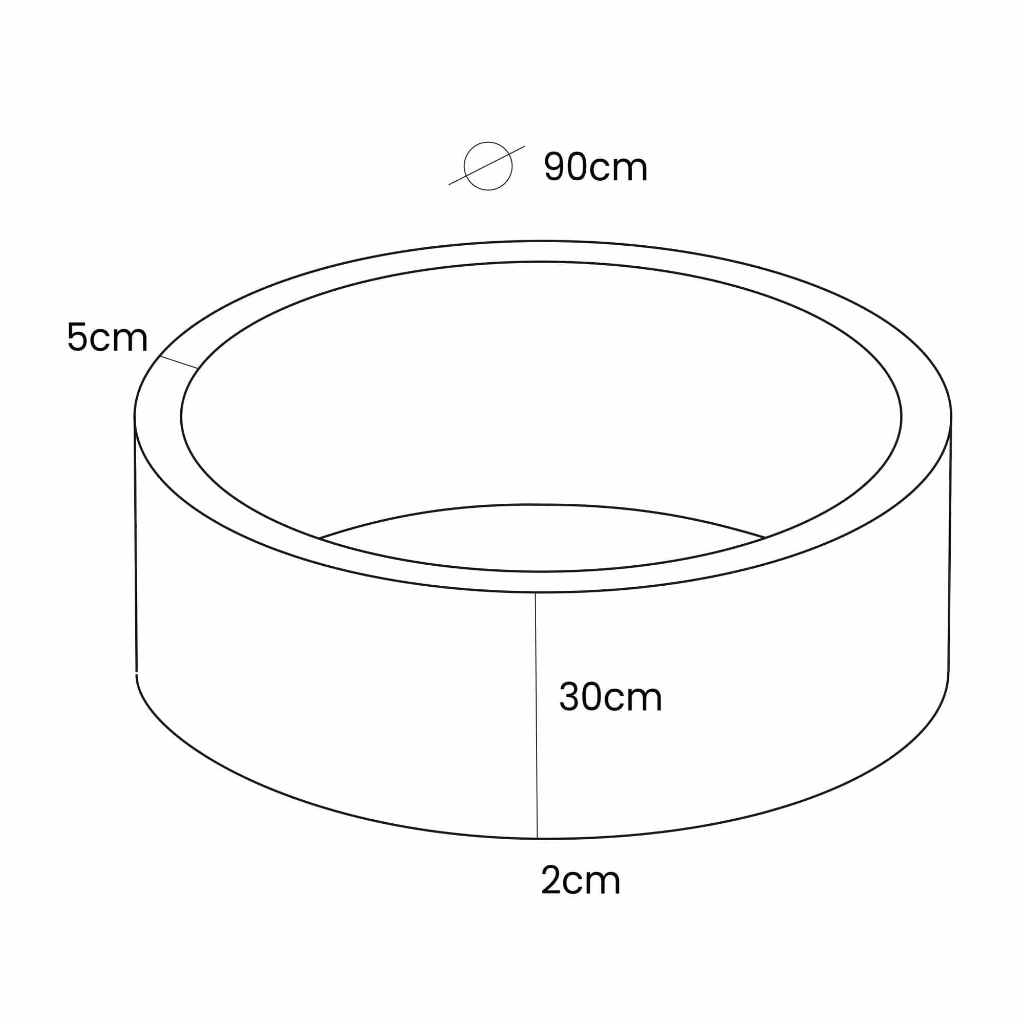 5. Size chart for whale-shaped baby ball pit showing dimensions: 90 cm diameter, 30 cm height
