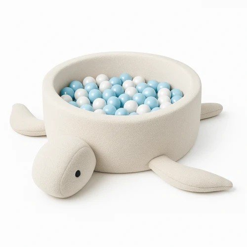 3. Close-up of turtle-shaped ball pit in soft boucle fabric with blue and white balls