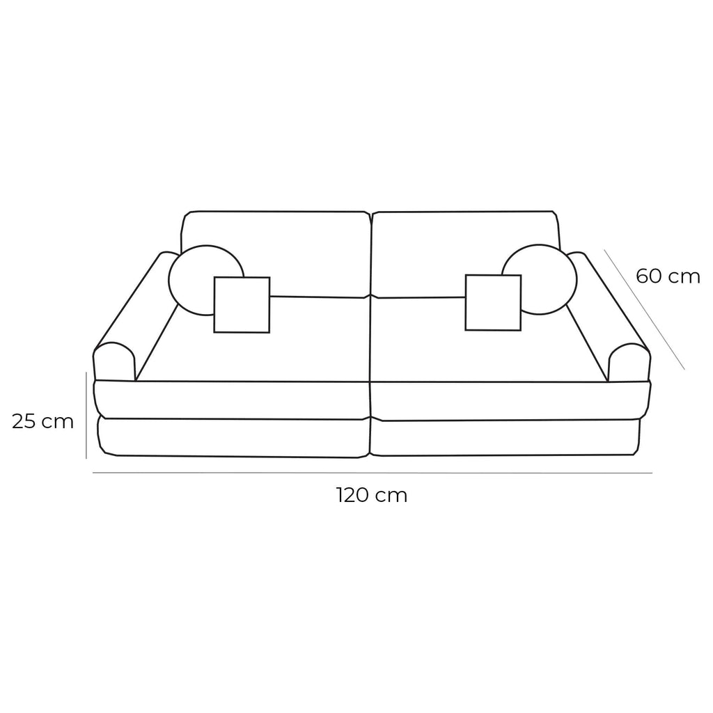 2. Size chart for children's modular sofa showing dimensions 120x60x25 cm with labeled sections for armrests and headrests
