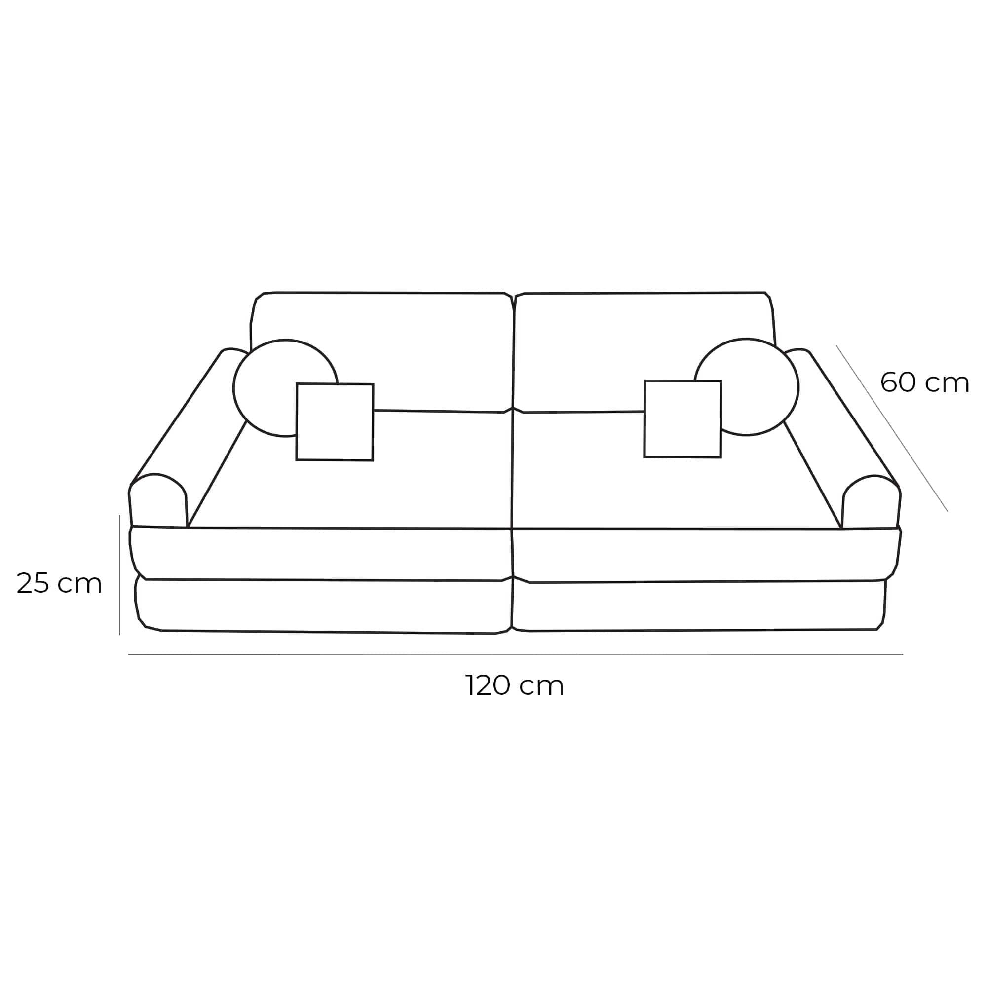 2. Size chart for children's modular sofa showing dimensions 120x60x25 cm with labeled sections for armrests and headrests