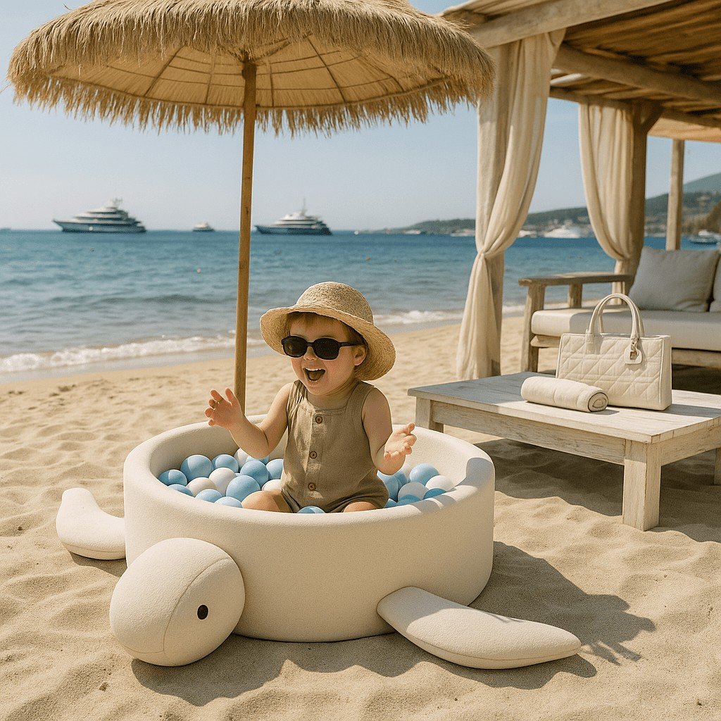 1. Child playing in turtle-shaped ball pit on a beach under a straw umbrella