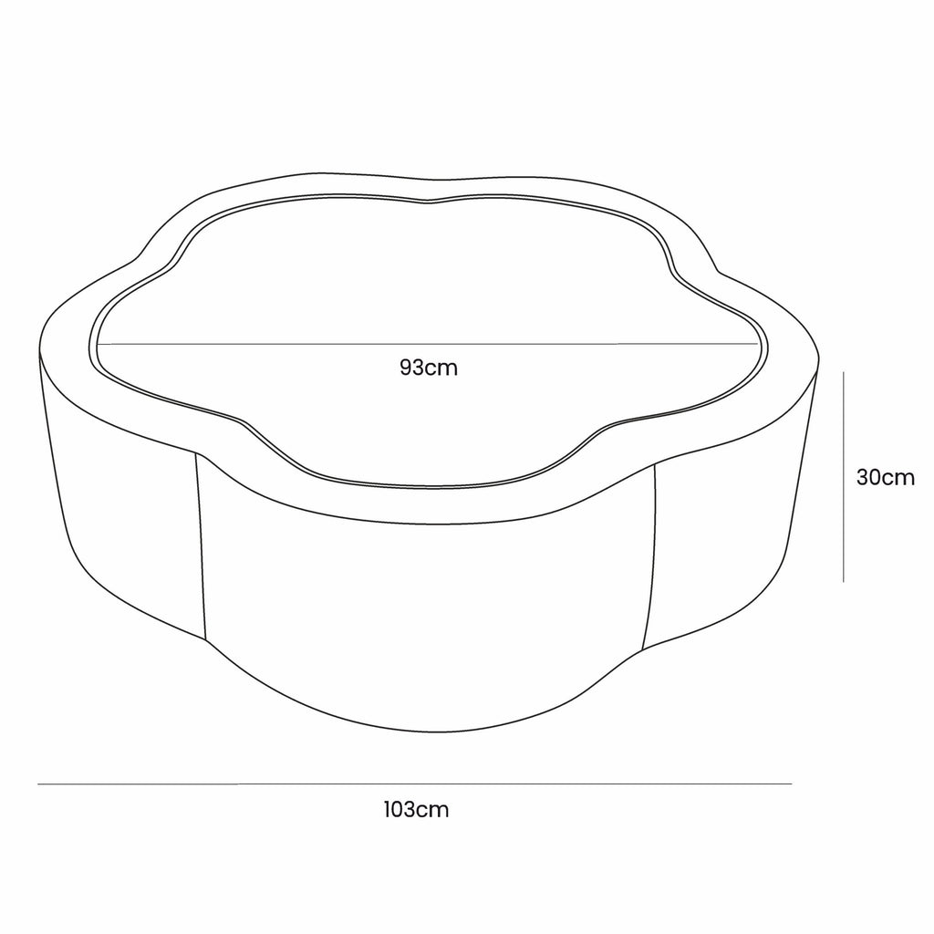 5. Size chart for flower-shaped baby ball pit showing dimensions 103cm by 93cm by 30cm