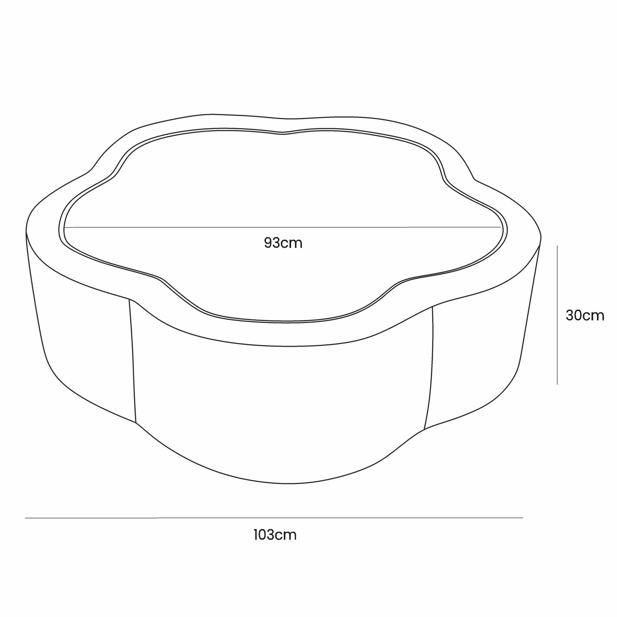 5. Size chart for flower-shaped baby ball pit showing dimensions 103cm by 93cm by 30cm