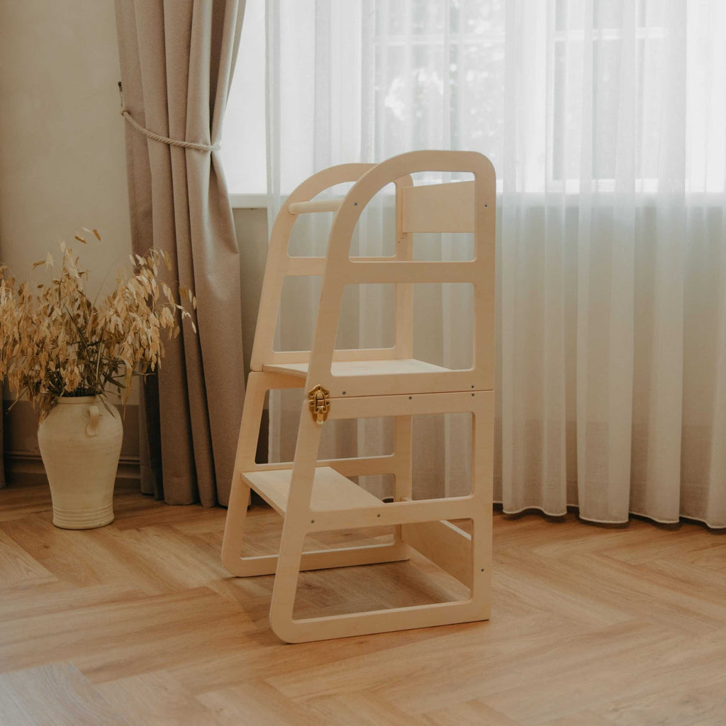 18. Natural birch kitchen tower in living room with curtains and plants