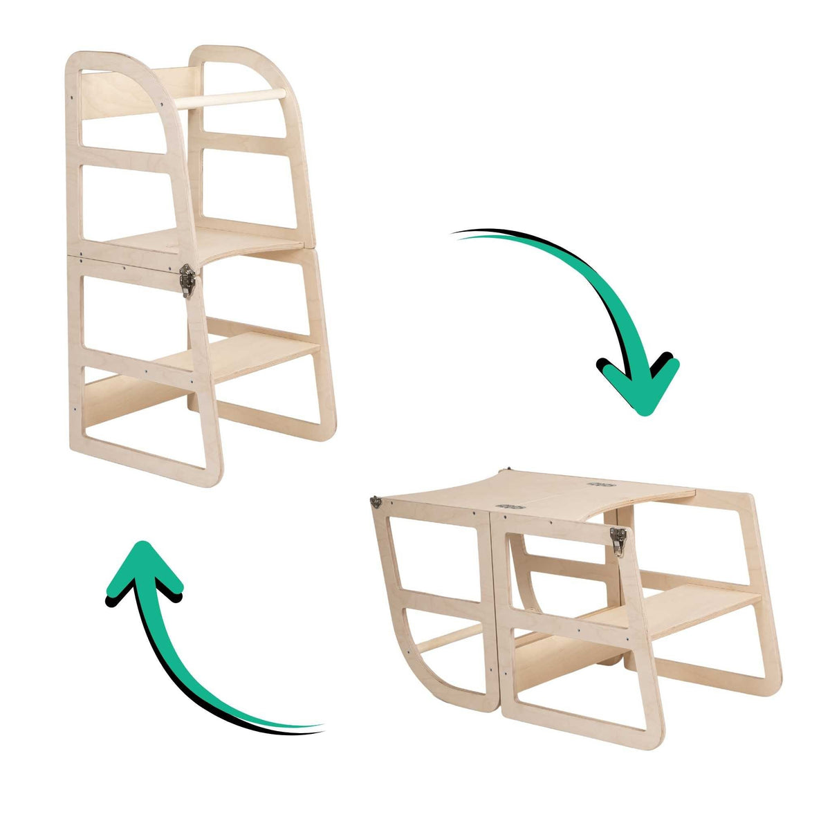 2. Transformable kitchen tower in natural birch shown in standing and table modes
