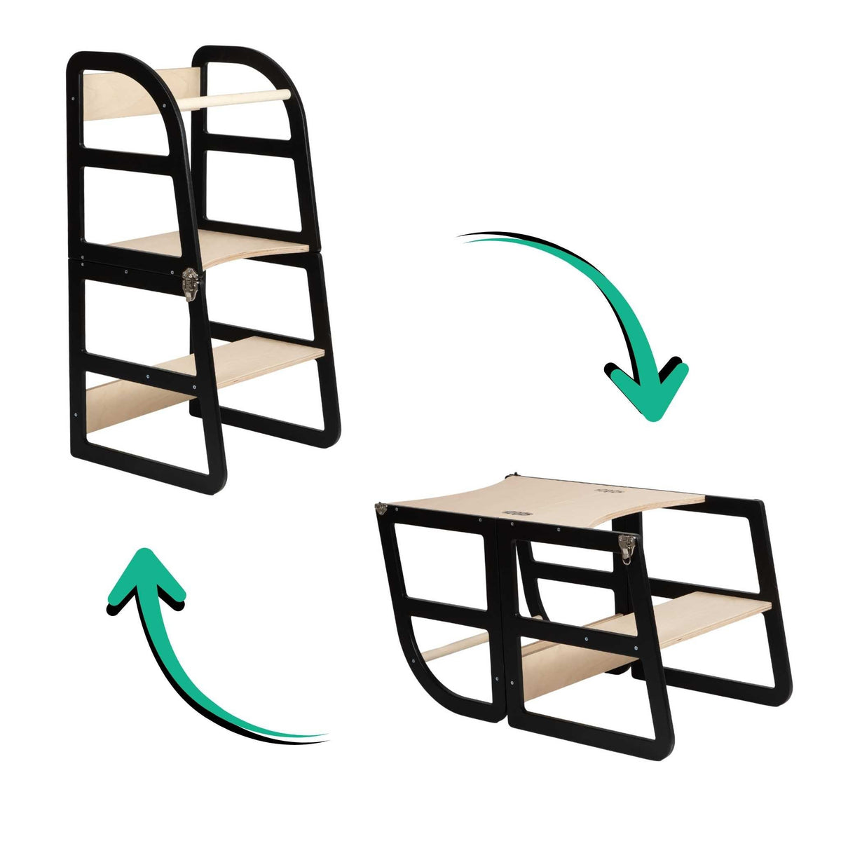 13. Black kitchen tower shown in standing and table modes with arrows