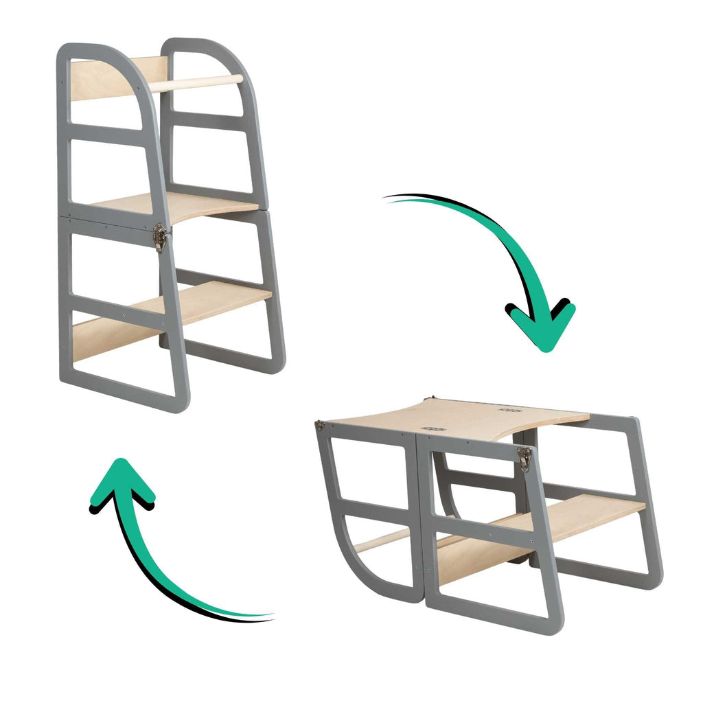 4. Grey kitchen tower shown in standing and table modes with arrows