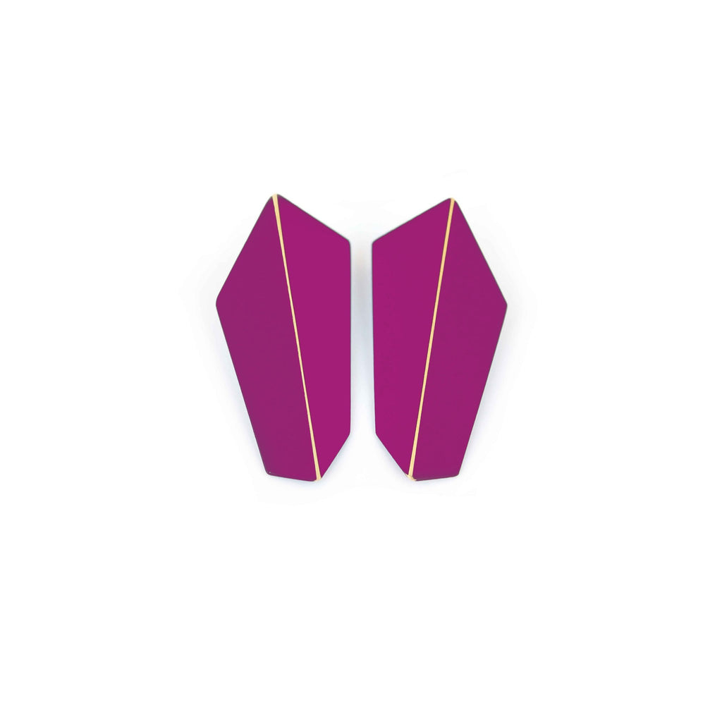 16. Lisa Kroeber Jewellery Folded Vertical Earrings in magenta, studio shot