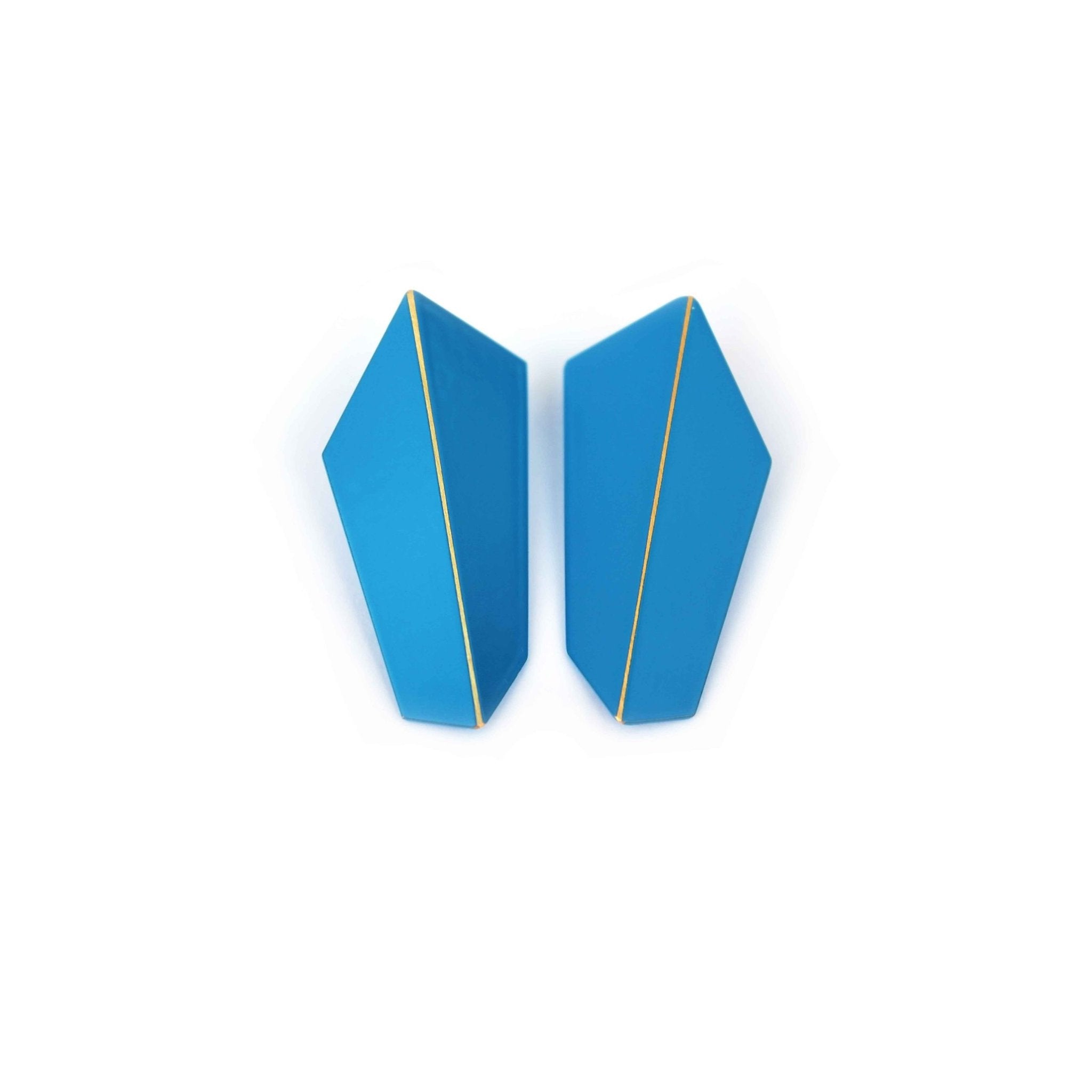 9. Lisa Kroeber Jewellery Folded Vertical Earrings in blue, studio shot
