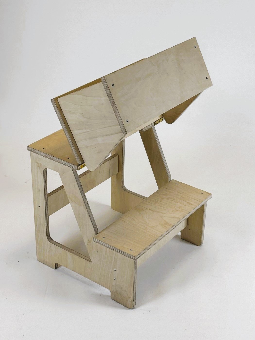 2. Wooden folding seat and climbing helper in studio setting with backrest in mid-transformation
