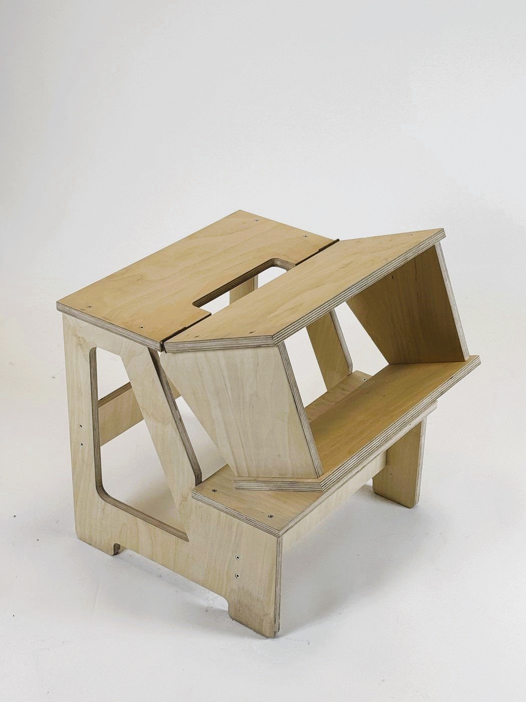 2. Wooden folding seat and climbing helper in studio setting showing step stool transformation