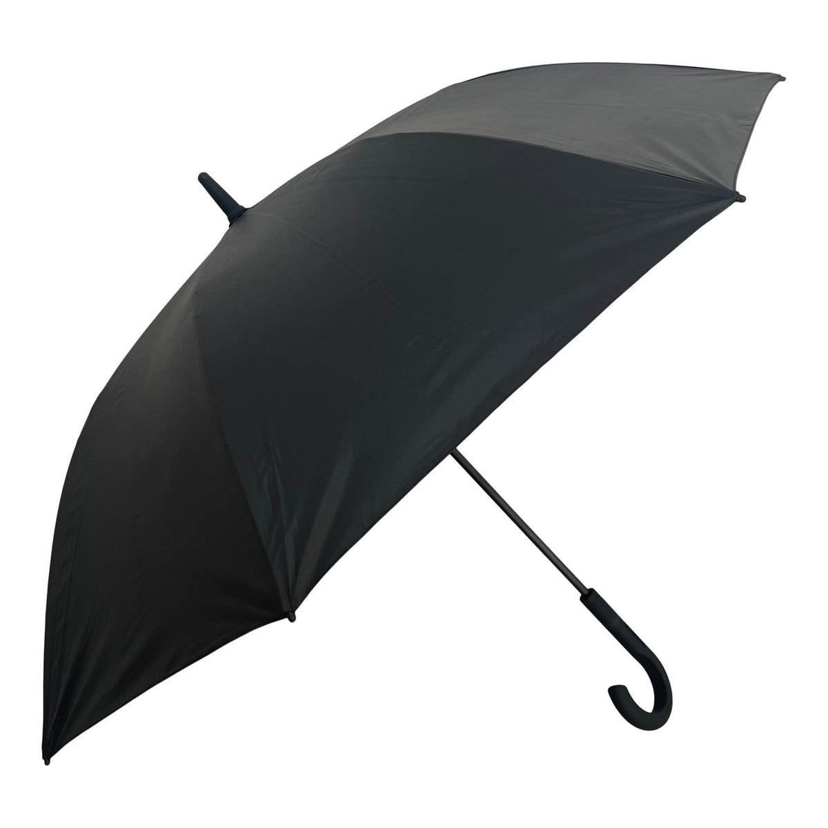 3. Large black umbrella with curved handle, shown open in studio setting, emphasizing windproof and UPF50+ features